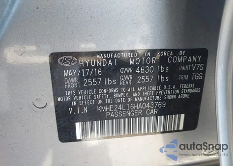 2017 Hyundai Sonata Hybrid Se z USA, uszkodzony, nr VIN KMHE24L16HA043769